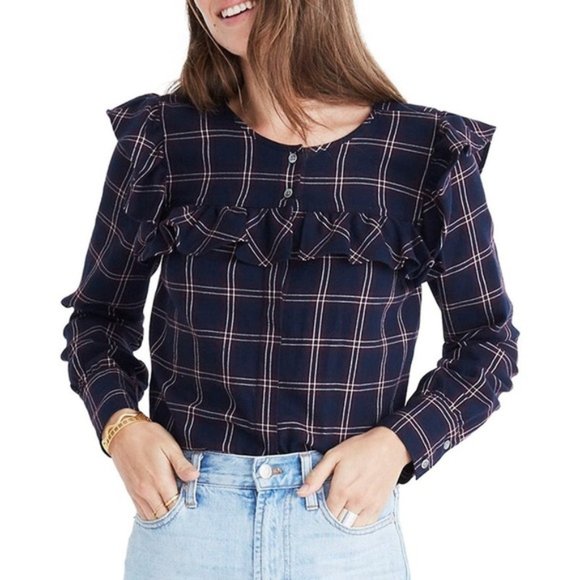 Madewell Tops - Madewell Navy Red Plaid Ruffle Yoke Shirt Size L